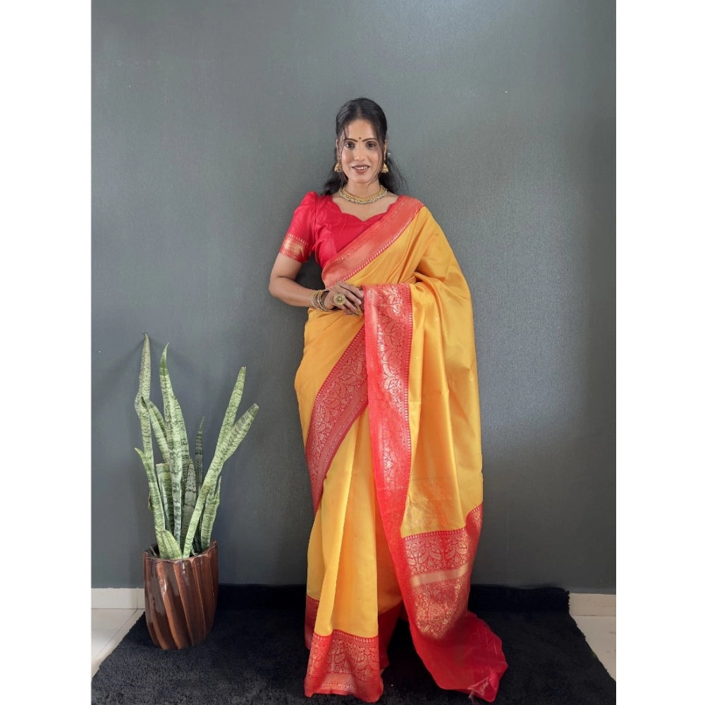 Generic Women's Silk Blend Woven Kanjivaram Saree With Unstitched Blouse (5.5Mtr, Yellow Red)