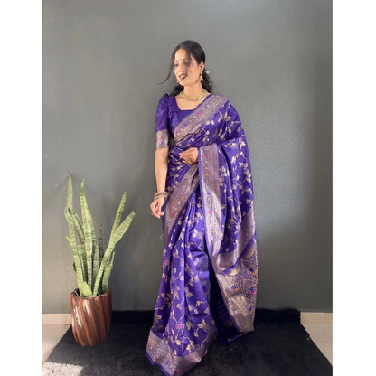 Generic Women's Silk Blend Woven Kanjivaram Saree With Unstitched Blouse (5.5Mtr, Purple)