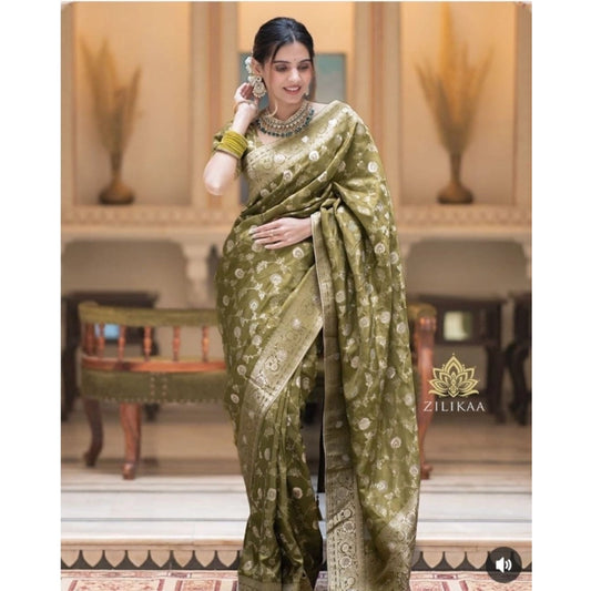 Generic Women's Silk Woven Kanjivaram Saree With Unstitched Blouse (5.5Mtr, Mehendi Green)