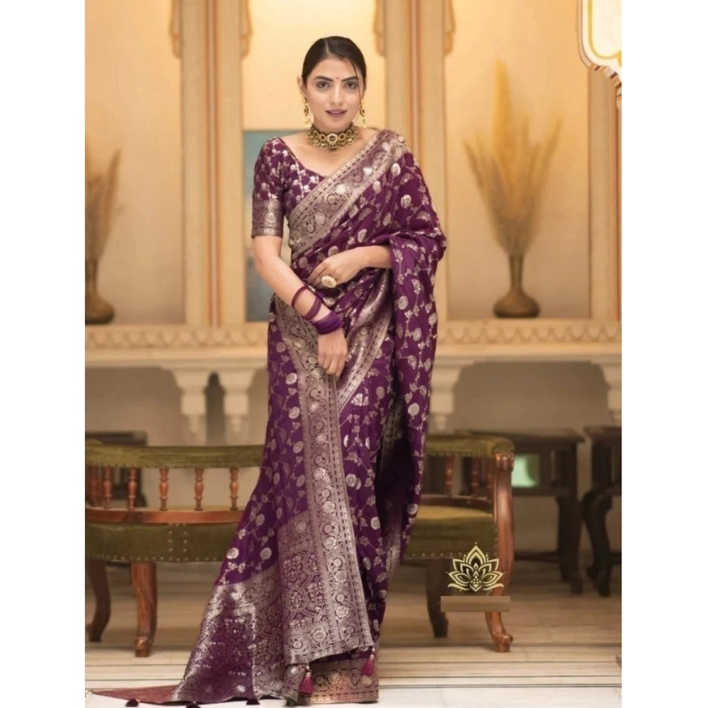 Generic Women's Silk Woven Kanjivaram Saree With Unstitched Blouse (5.5Mtr, Dark Purple)