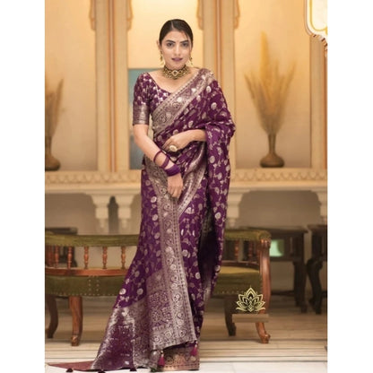 Generic Women's Silk Woven Kanjivaram Saree With Unstitched Blouse (5.5Mtr, Dark Purple)
