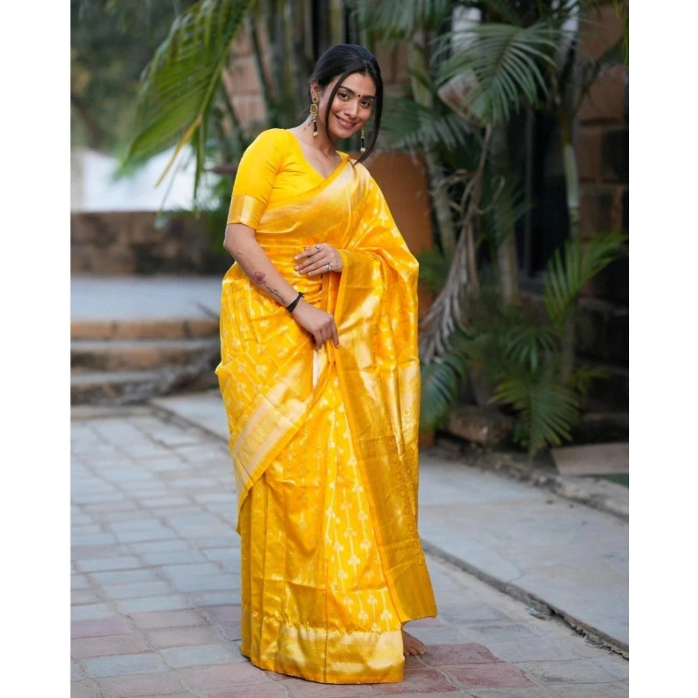 Generic Women's Silk Blend Self Design Banarasi Saree With Unstitched Blouse (5.5Mtr, Yellow)