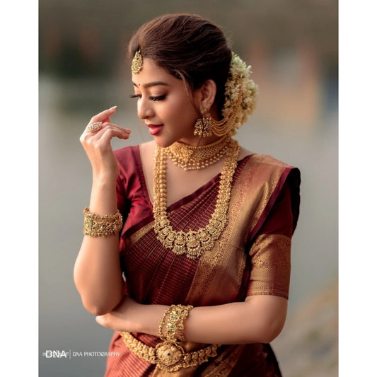 Generic Women's Silk Woven Kanjivaram Saree With Unstitched Blouse (5.5Mtr, Maroon)