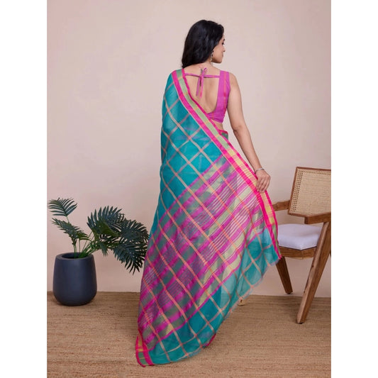 Generic Women's Cotton Silk Checkered Kota Doria Saree With Unstitched Blouse (5.5Mtr, Rama)