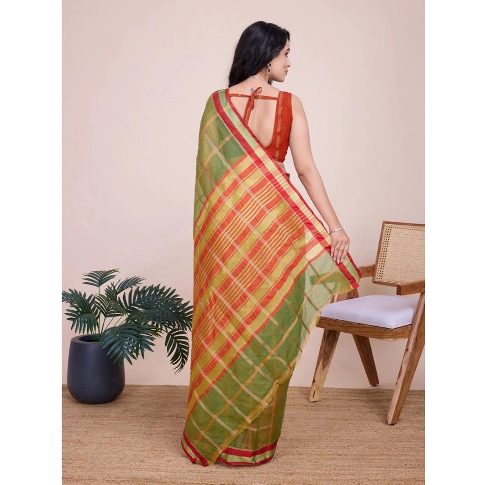 Generic Women's Cotton Silk Checkered Kota Doria Saree With Unstitched Blouse (5.5Mtr, Mehendi)