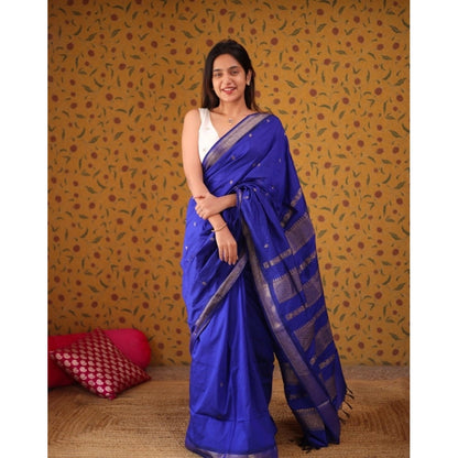 Generic Women's Silk Blend Self Design Bollywood Saree With Unstitched Blouse (5.5Mtr, Blue)