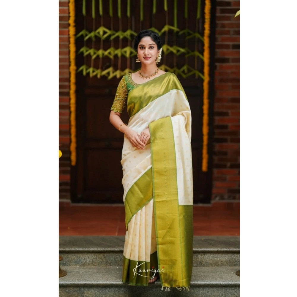Generic Women's Silk Blend Self Design Banarasi Saree With Unstitched Blouse (5.5Mtr, White Green)