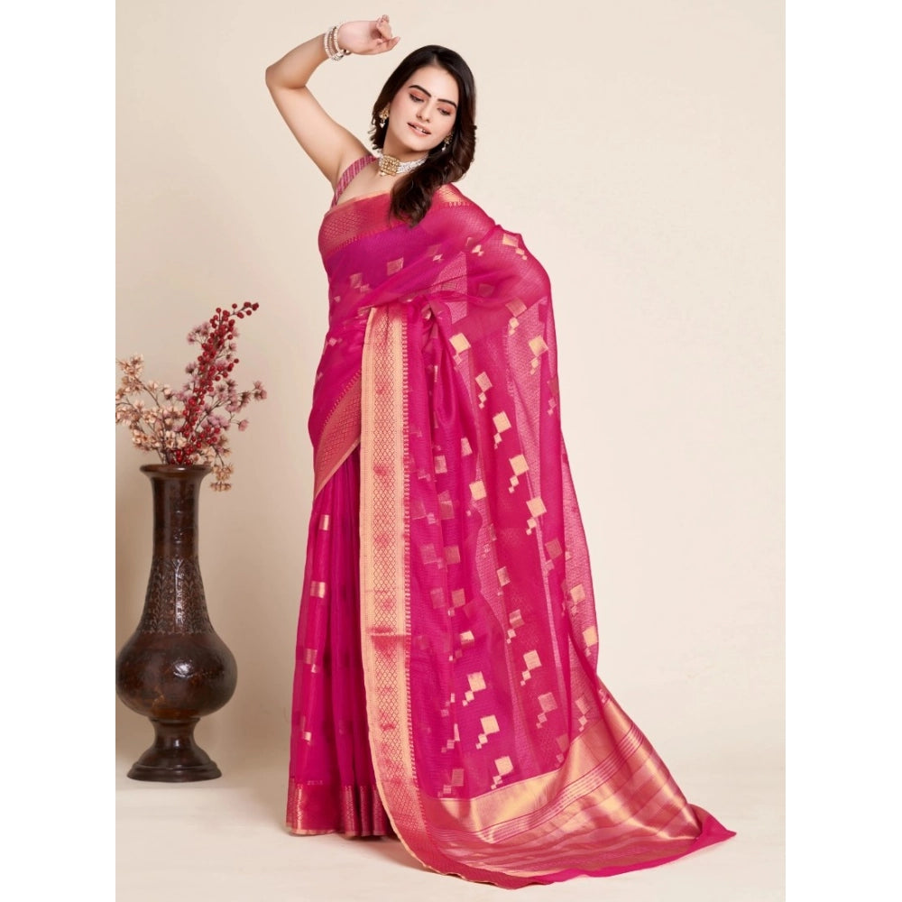 Generic Women's Silk Blend Printed Banarasi Saree With Unstitched Blouse (5.5Mtr, Pink)