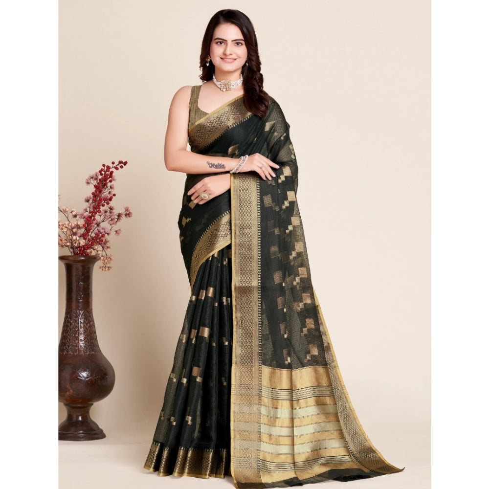 Generic Women's Silk Blend Printed Banarasi Saree With Unstitched Blouse (5.5Mtr, Black)