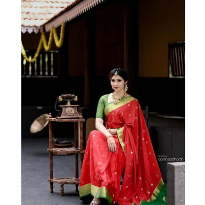 Generic Women's Silk Blend Self Design Banarasi Saree With Unstitched Blouse (5.5Mtr, Red Green)