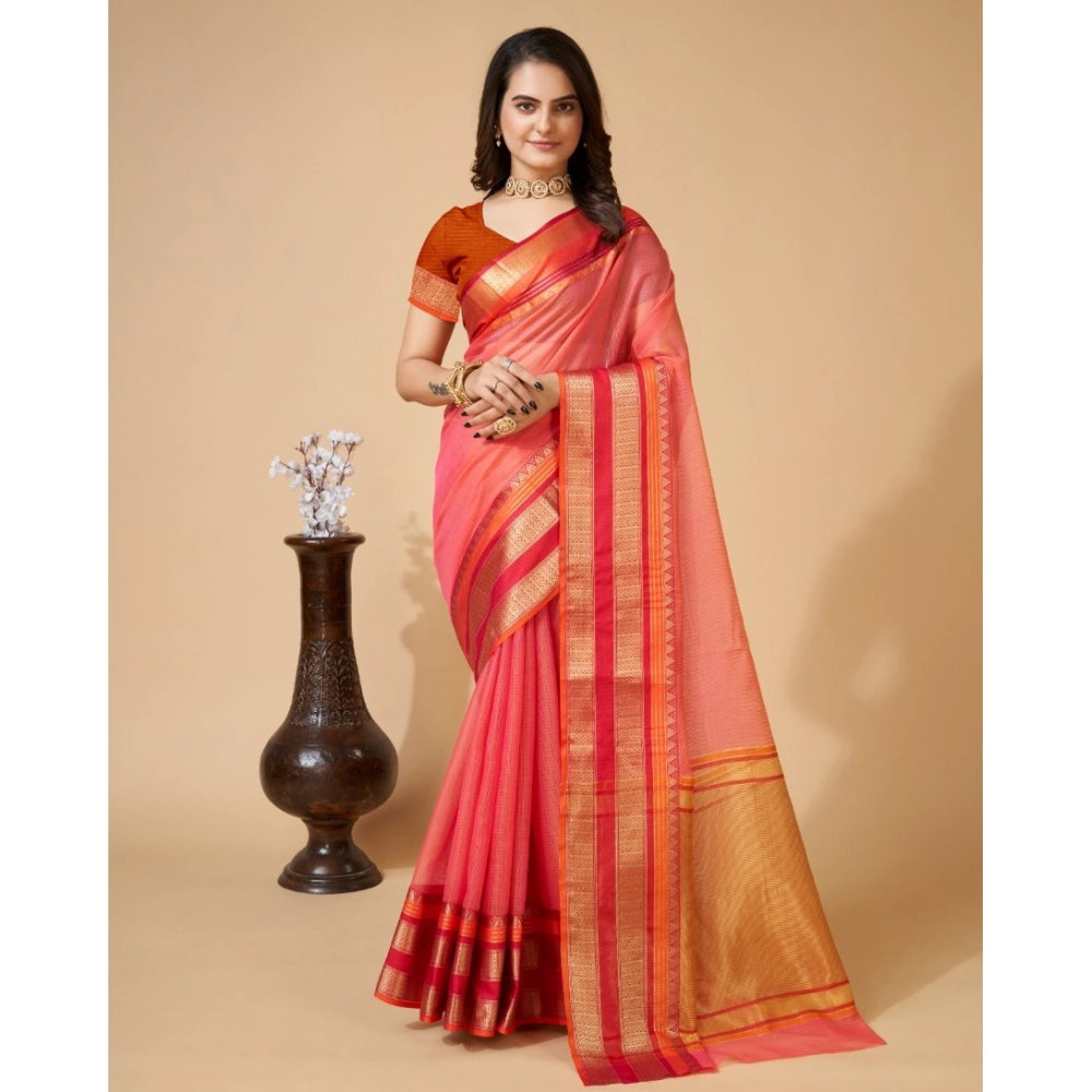 Generic Women's Cotton Blend Woven  Saree With Unstitched Blouse (5.5Mtr, Pink)