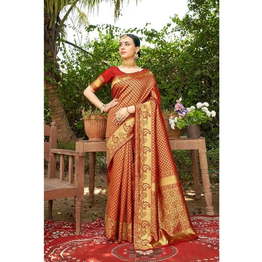 Generic Women's Silk Woven Kanjivaram Saree With Unstitched Blouse (5.5Mtr, Red)