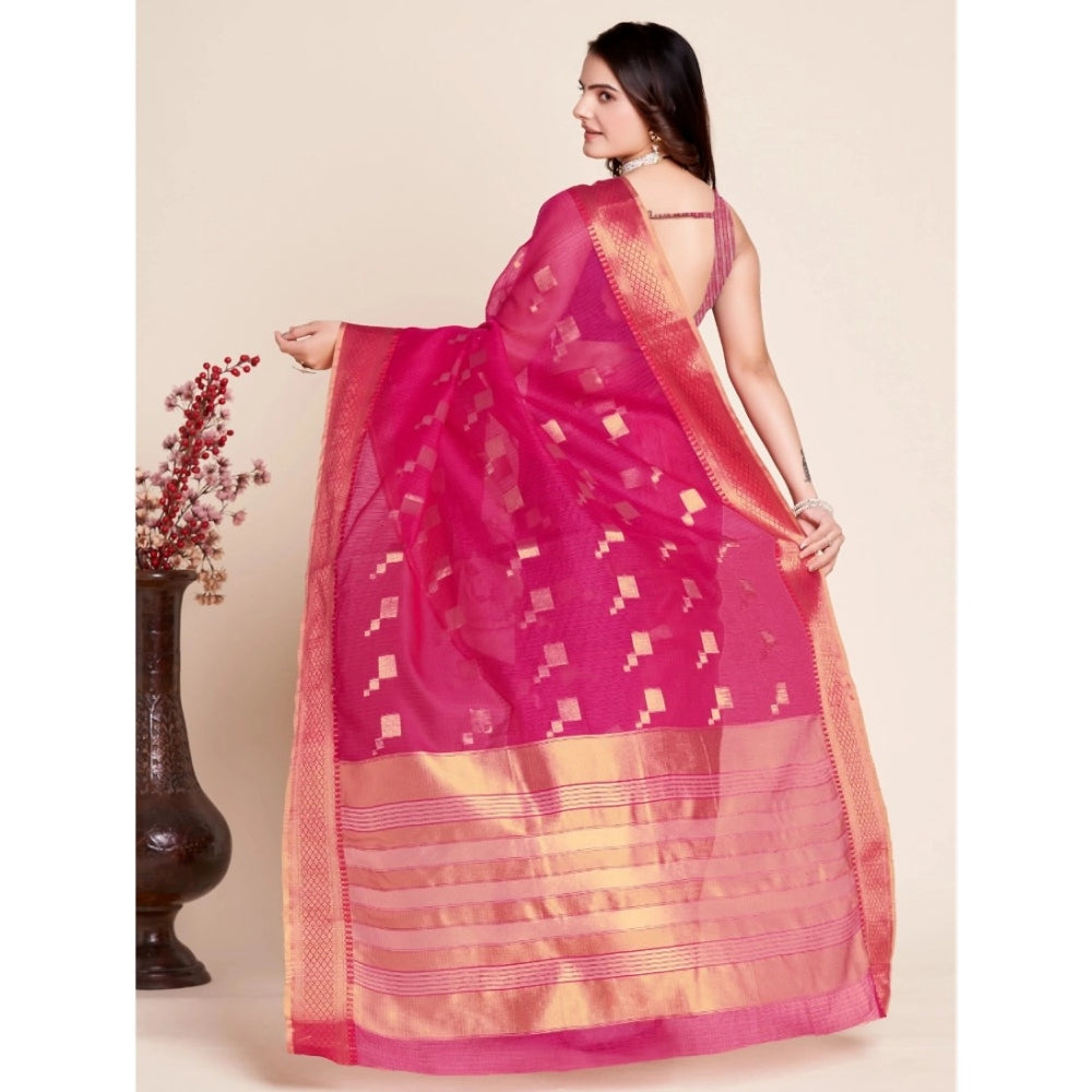 Generic Women's Silk Blend Printed Banarasi Saree With Unstitched Blouse (5.5Mtr, Pink)