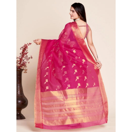 Generic Women's Silk Blend Printed Banarasi Saree With Unstitched Blouse (5.5Mtr, Pink)