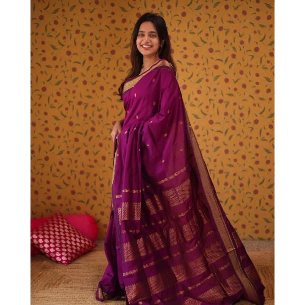 Generic Women's Silk Blend Self Design Bollywood Saree With Unstitched Blouse (5.5Mtr, Purple)