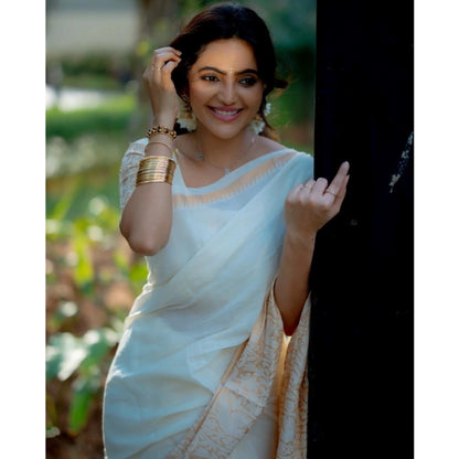 Generic Women's Silk Blend Self Design Bollywood Saree With Unstitched Blouse (5.5Mtr, White)