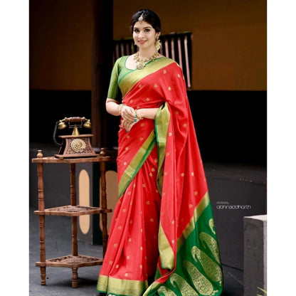 Generic Women's Silk Blend Self Design Banarasi Saree With Unstitched Blouse (5.5Mtr, Red Green)