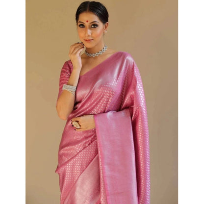 Generic Women's Silk Blend Woven Kanjivaram Saree With Unstitched Blouse (5.5Mtr, Pink)