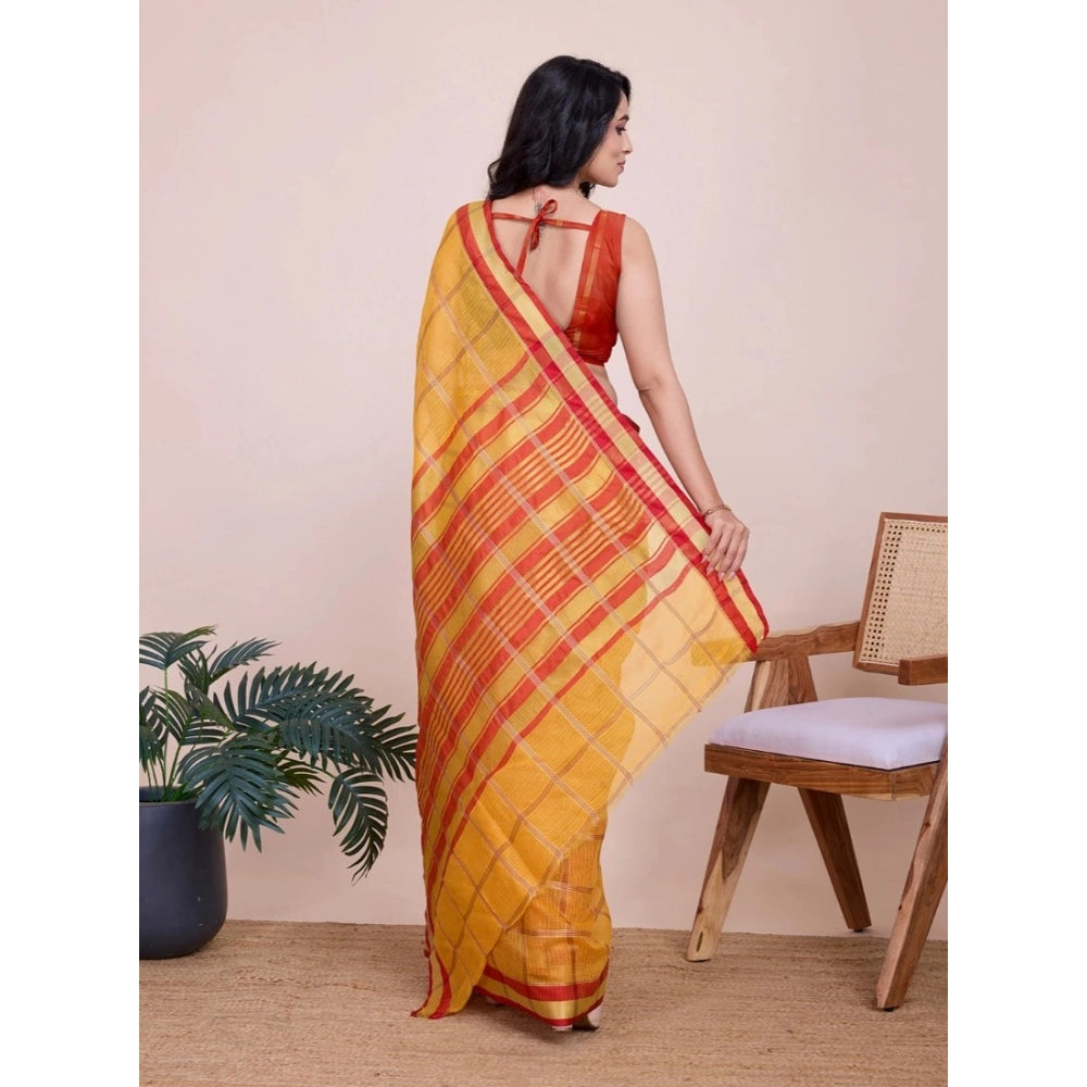 Generic Women's Cotton Silk Checkered Kota Doria Saree With Unstitched Blouse (5.5Mtr, Yellow)