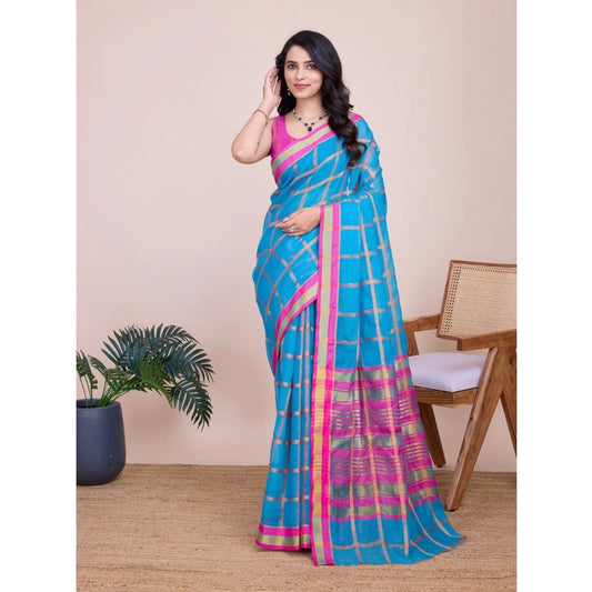 Generic Women's Cotton Silk Checkered Kota Doria Saree With Unstitched Blouse (5.5Mtr, Sky Blue)