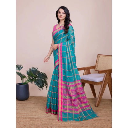 Generic Women's Cotton Silk Checkered Kota Doria Saree With Unstitched Blouse (5.5Mtr, Rama)