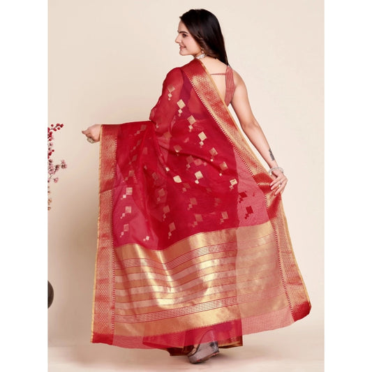 Generic Women's Silk Blend Printed Banarasi Saree With Unstitched Blouse (5.5Mtr, Dark Rani)
