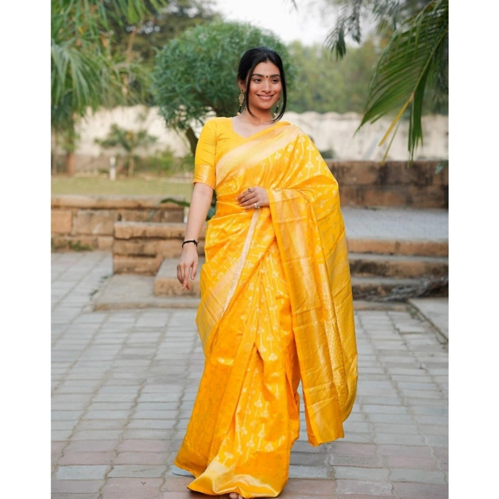 Generic Women's Silk Blend Self Design Banarasi Saree With Unstitched Blouse (5.5Mtr, Yellow)