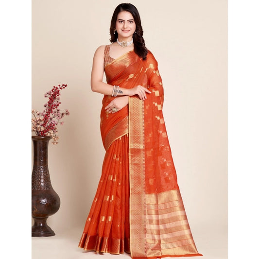 Generic Women's Silk Blend Printed Banarasi Saree With Unstitched Blouse (5.5Mtr, Red)