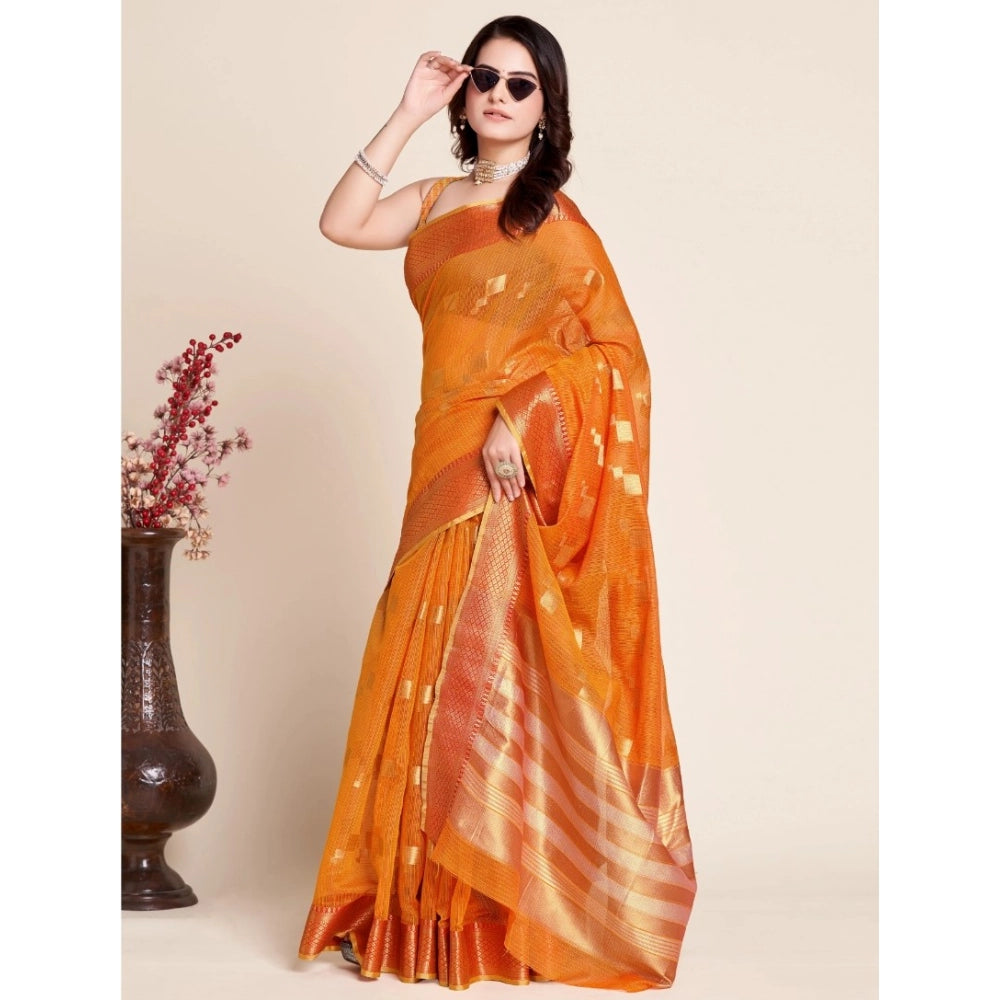 Generic Women's Silk Blend Printed Banarasi Saree With Unstitched Blouse (5.5Mtr, Orange)