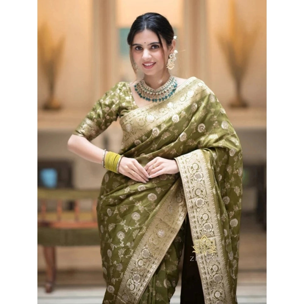 Generic Women's Silk Woven Kanjivaram Saree With Unstitched Blouse (5.5Mtr, Mehendi Green)
