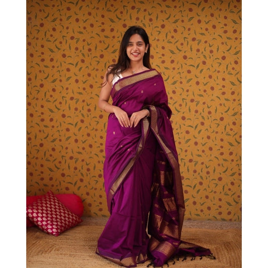 Generic Women's Silk Blend Self Design Bollywood Saree With Unstitched Blouse (5.5Mtr, Purple)