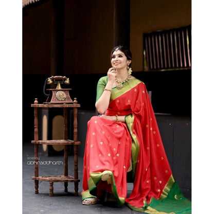 Generic Women's Silk Blend Self Design Banarasi Saree With Unstitched Blouse (5.5Mtr, Red Green)