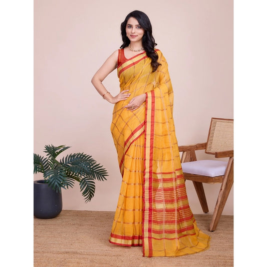 Generic Women's Cotton Silk Checkered Kota Doria Saree With Unstitched Blouse (5.5Mtr, Yellow)
