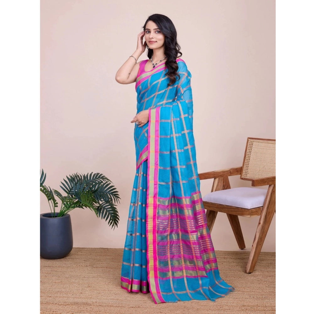 Generic Women's Cotton Silk Checkered Kota Doria Saree With Unstitched Blouse (5.5Mtr, Sky Blue)