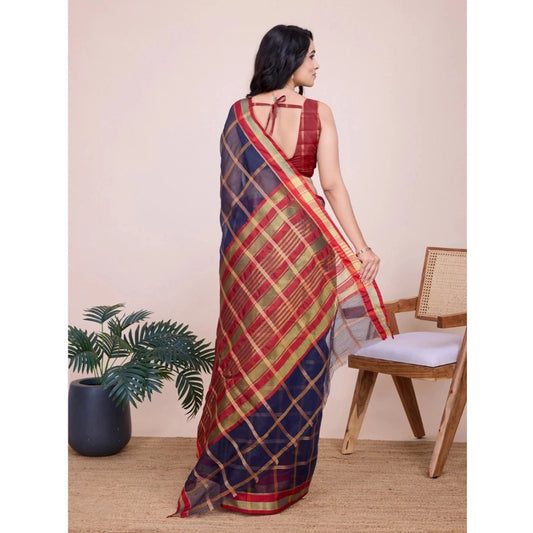 Generic Women's Cotton Silk Checkered Kota Doria Saree With Unstitched Blouse (5.5Mtr, Navy Blue)
