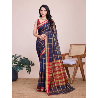 Generic Women's Cotton Silk Checkered Kota Doria Saree With Unstitched Blouse (5.5Mtr, Navy Blue)