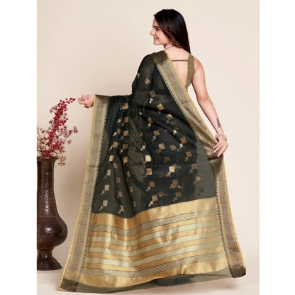 Generic Women's Silk Blend Printed Banarasi Saree With Unstitched Blouse (5.5Mtr, Black)