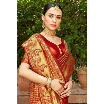 Generic Women's Silk Woven Kanjivaram Saree With Unstitched Blouse (5.5Mtr, Red)