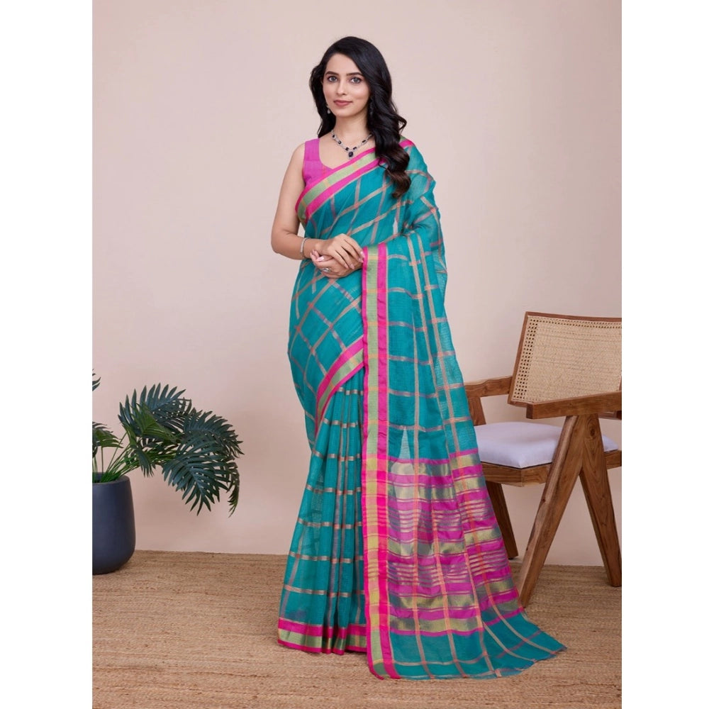 Generic Women's Cotton Silk Checkered Kota Doria Saree With Unstitched Blouse (5.5Mtr, Rama)