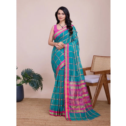Generic Women's Cotton Silk Checkered Kota Doria Saree With Unstitched Blouse (5.5Mtr, Rama)
