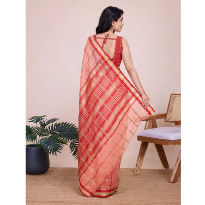 Generic Women's Cotton Silk Checkered Kota Doria Saree With Unstitched Blouse (5.5Mtr, Peach)