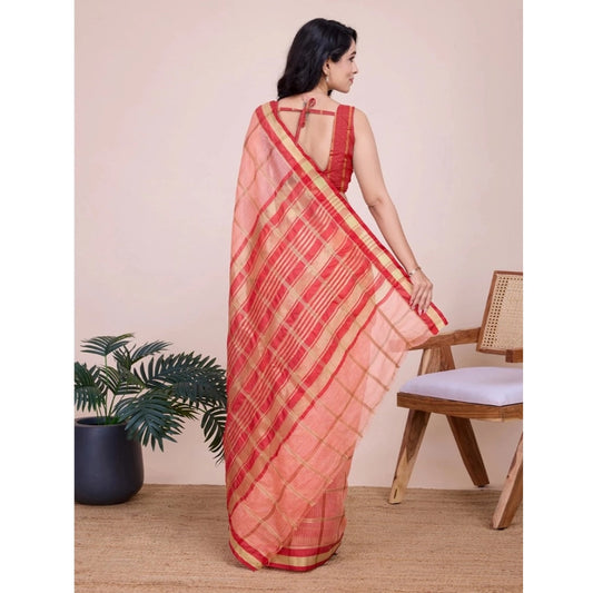 Generic Women's Cotton Silk Checkered Kota Doria Saree With Unstitched Blouse (5.5Mtr, Peach)