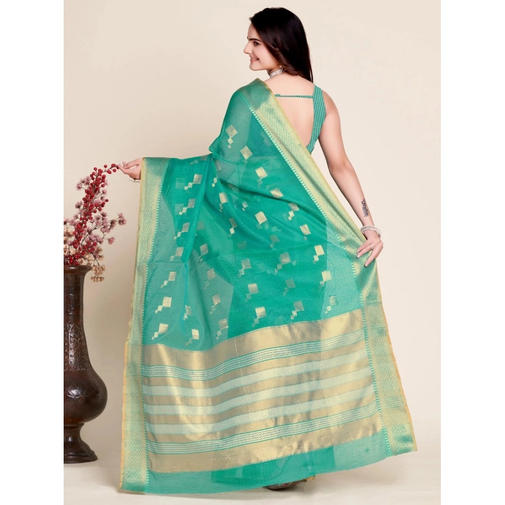 Generic Women's Silk Blend Printed Banarasi Saree With Unstitched Blouse (5.5Mtr, Rama Green)