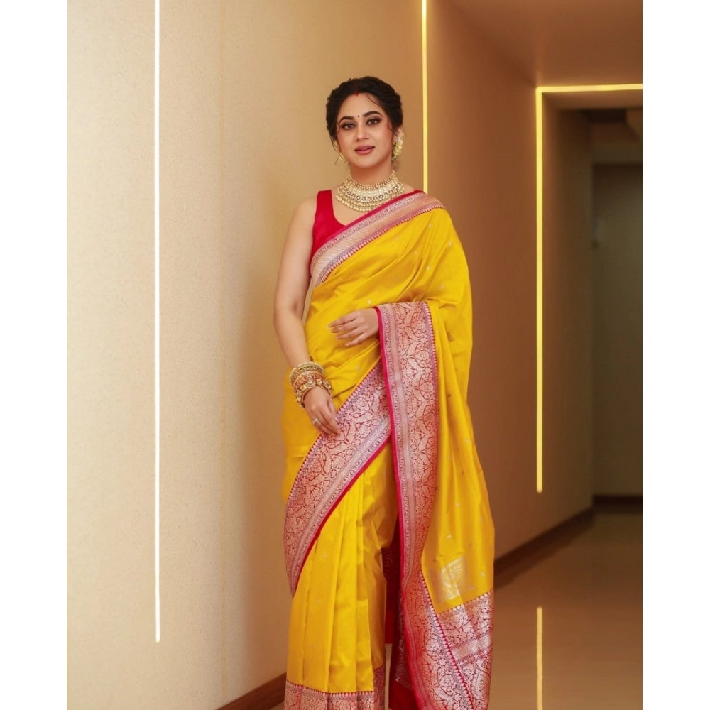 Generic Women's Silk Blend Self Design Banarasi Saree With Unstitched Blouse (5.5Mtr, Yellow Red)