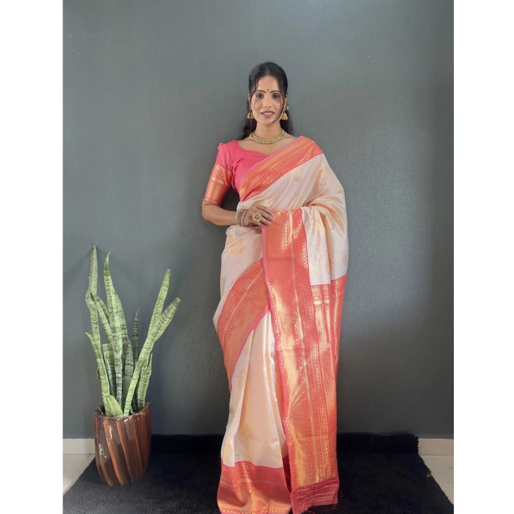 Generic Women's Silk Blend Woven Kanjivaram Saree With Unstitched Blouse (5.5Mtr, Peach)