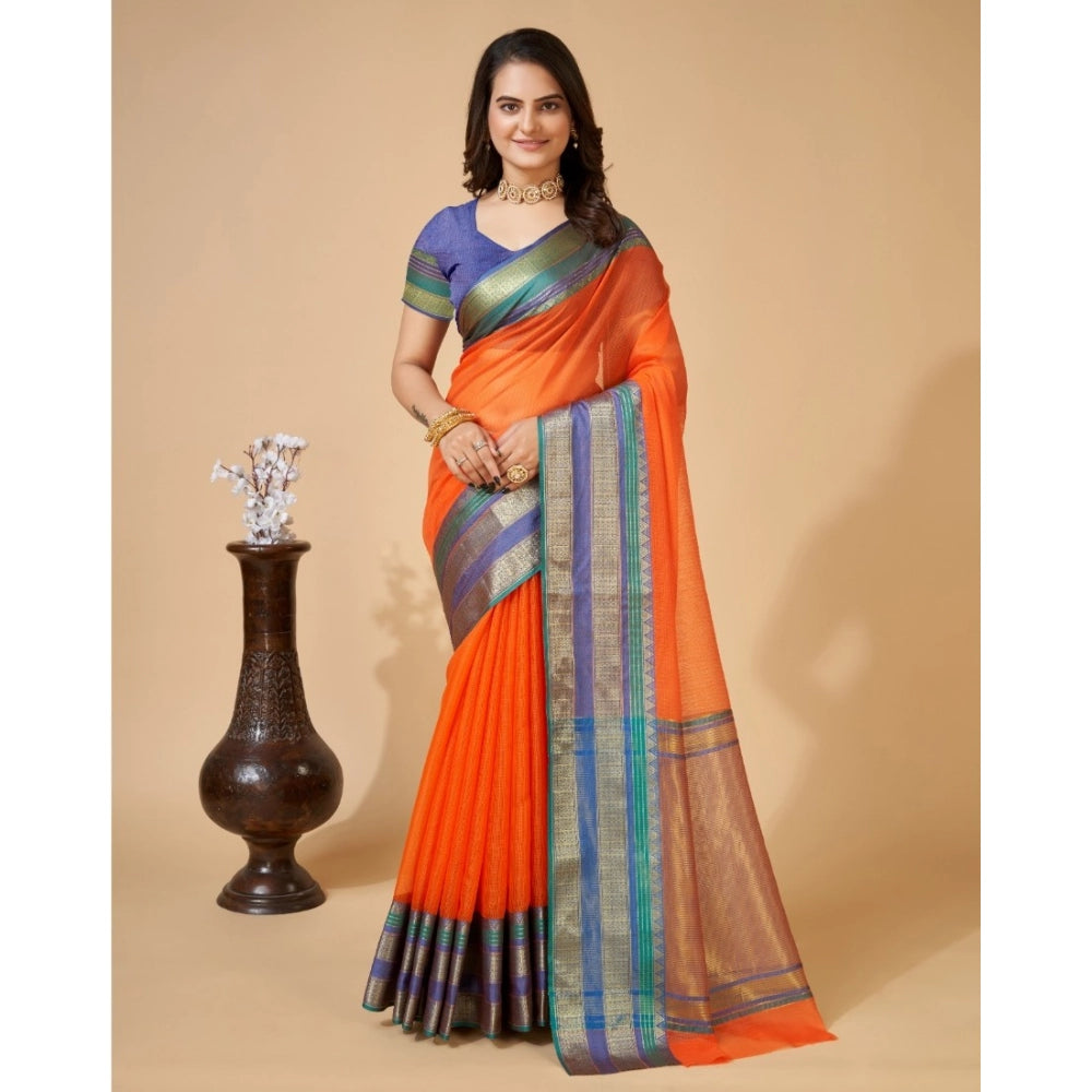 Generic Women's Cotton Blend Woven  Saree With Unstitched Blouse (5.5Mtr, Orange)