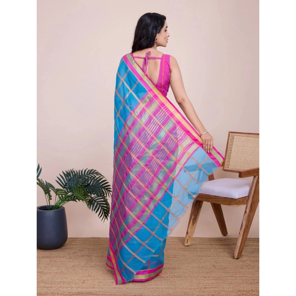 Generic Women's Cotton Silk Checkered Kota Doria Saree With Unstitched Blouse (5.5Mtr, Sky Blue)