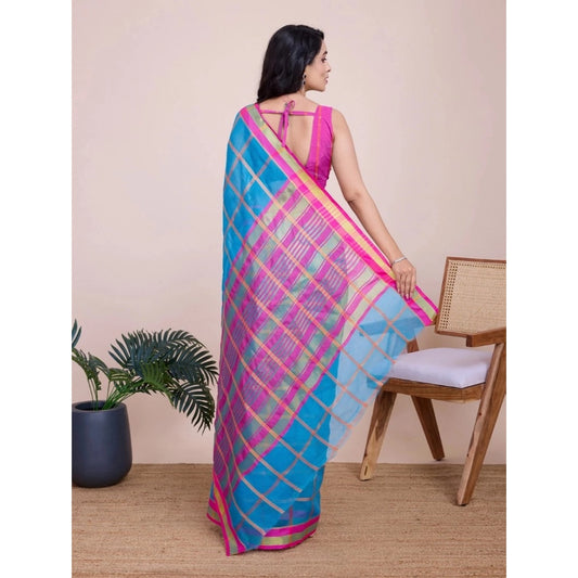 Generic Women's Cotton Silk Checkered Kota Doria Saree With Unstitched Blouse (5.5Mtr, Sky Blue)