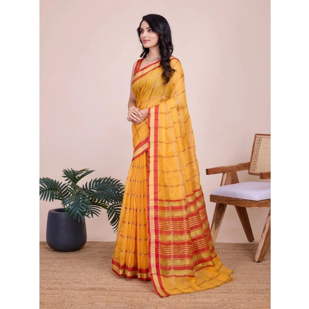 Generic Women's Cotton Silk Checkered Kota Doria Saree With Unstitched Blouse (5.5Mtr, Yellow)