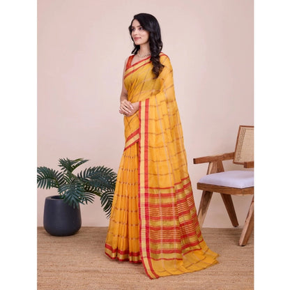 Generic Women's Cotton Silk Checkered Kota Doria Saree With Unstitched Blouse (5.5Mtr, Yellow)